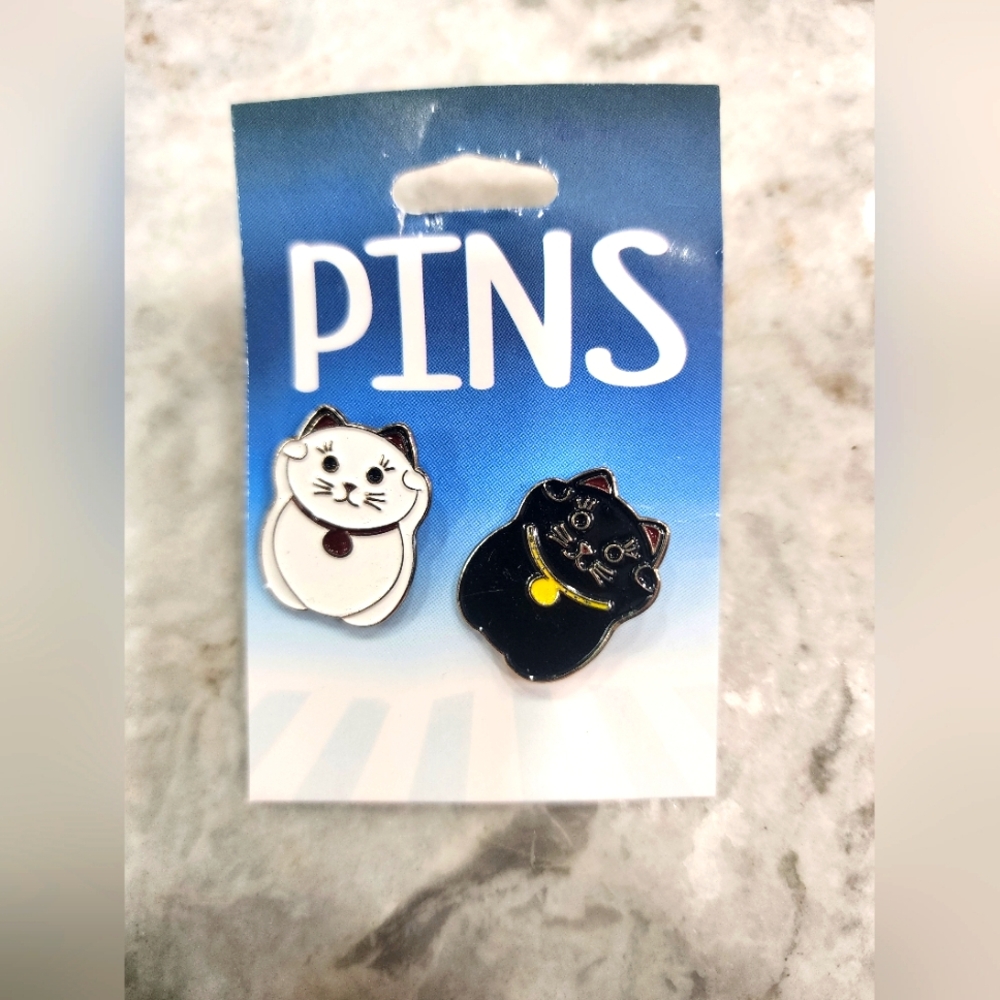 Cat Kittens Black White Pin Asian Inspired